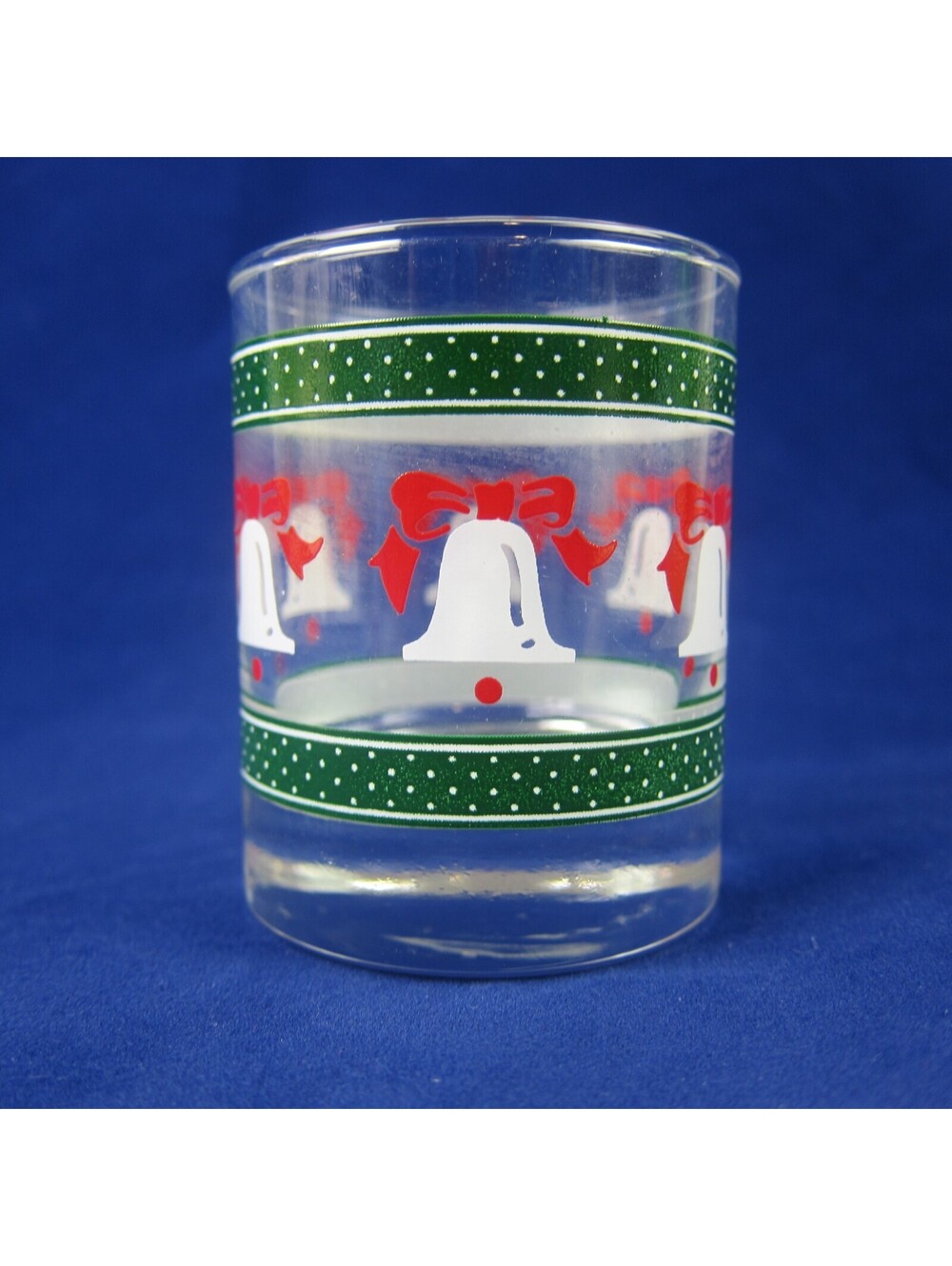 Vintage Christmas Glass Votive Candle Holder White Bells Red Ribbon Green Border
